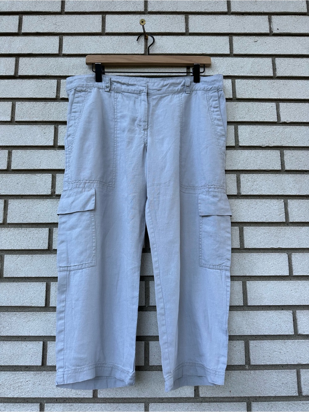 Eileen Fisher Dove Gray Organic Linen Cargo Cropped Pants 10 Utility Pockets